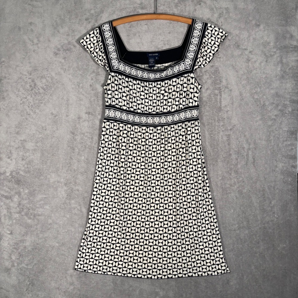 Max Edition Babydoll Dress Size M Black White Geometric Print Square Neck‎ Y2K